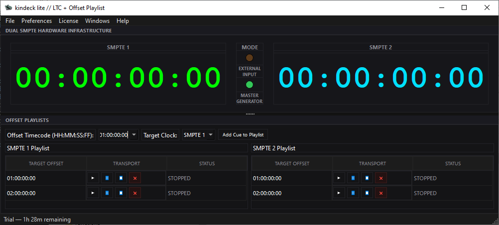 Ventana principal de kindeck lite: dos relojes SMPTE independientes y el Offset Playlist de cada uno