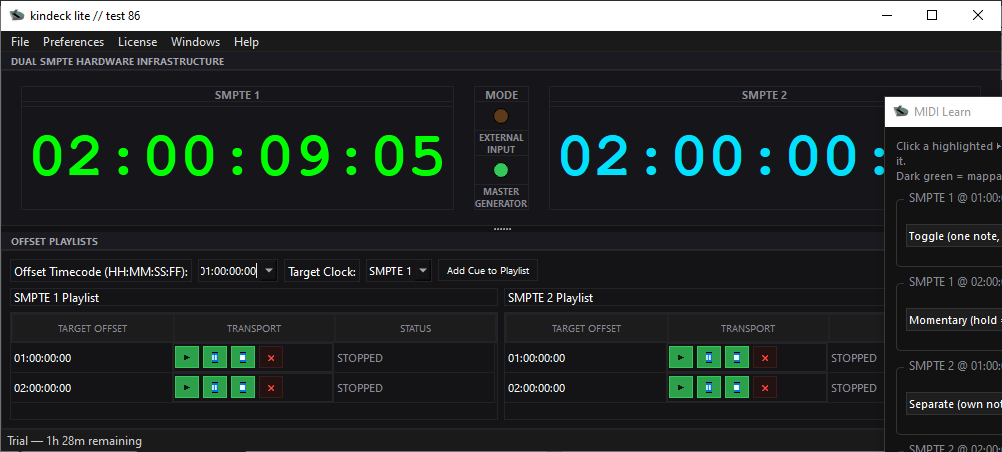 kindeck lite en modo MIDI Learn: los botones mapeables se pintan de verde directo sobre la Playlist