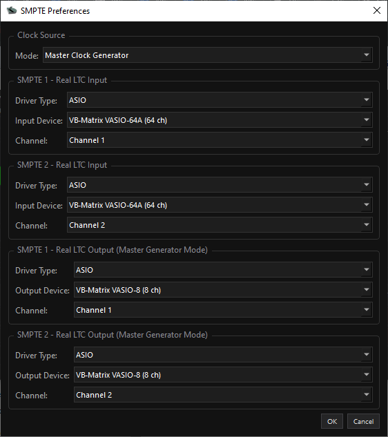 Preferencias SMPTE de kindeck lite mostrando configuración ASIO independiente para cada señal